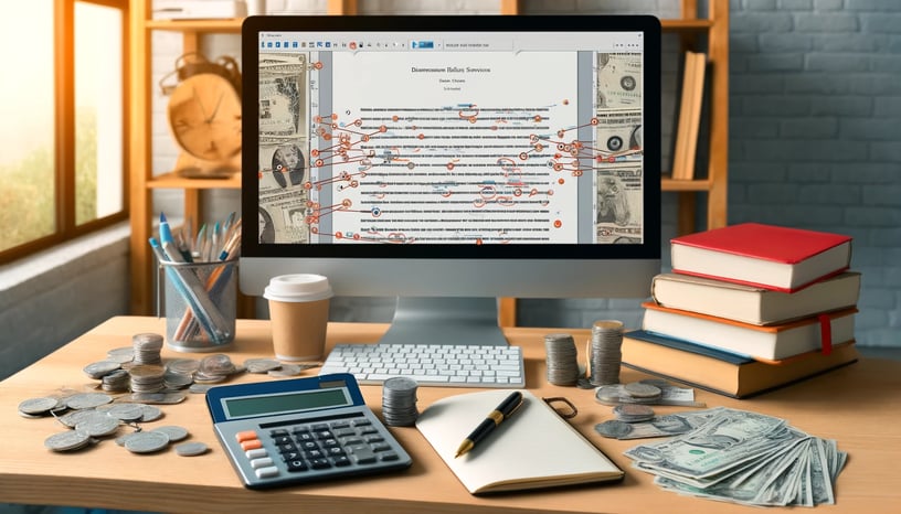 An image illustrating the cost of dissertation editing services. The scene includes a computer screen displaying a detailed academic paper with tracked changes